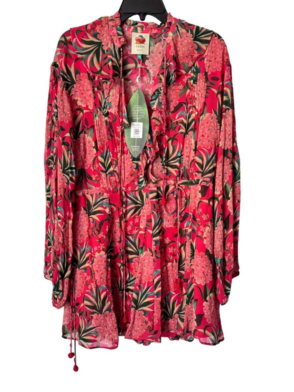 Farm Rio Tropical Floral Ruffle Mini Dress Womens XS Pink Red Tassel New